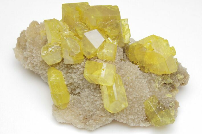 Striking Yellow Sulfur Crystals on Fluorescent Aragonite - Italy #209543